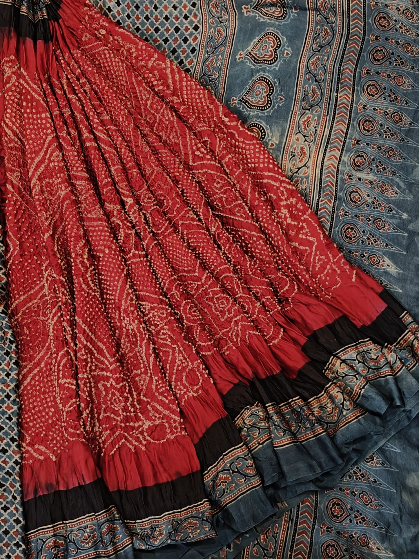Bandini, Ajrakh silk saree - natural dyed, hand block printed Ajrakh paired with with fine Bandini on soft Gajji silk
