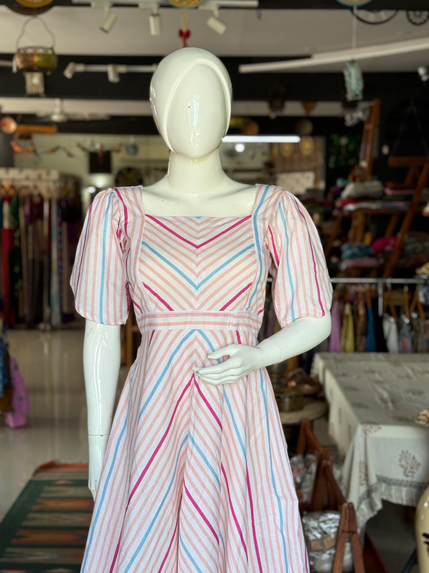 Colourful stripes on white soft cotton square neck dress with petal sleeves