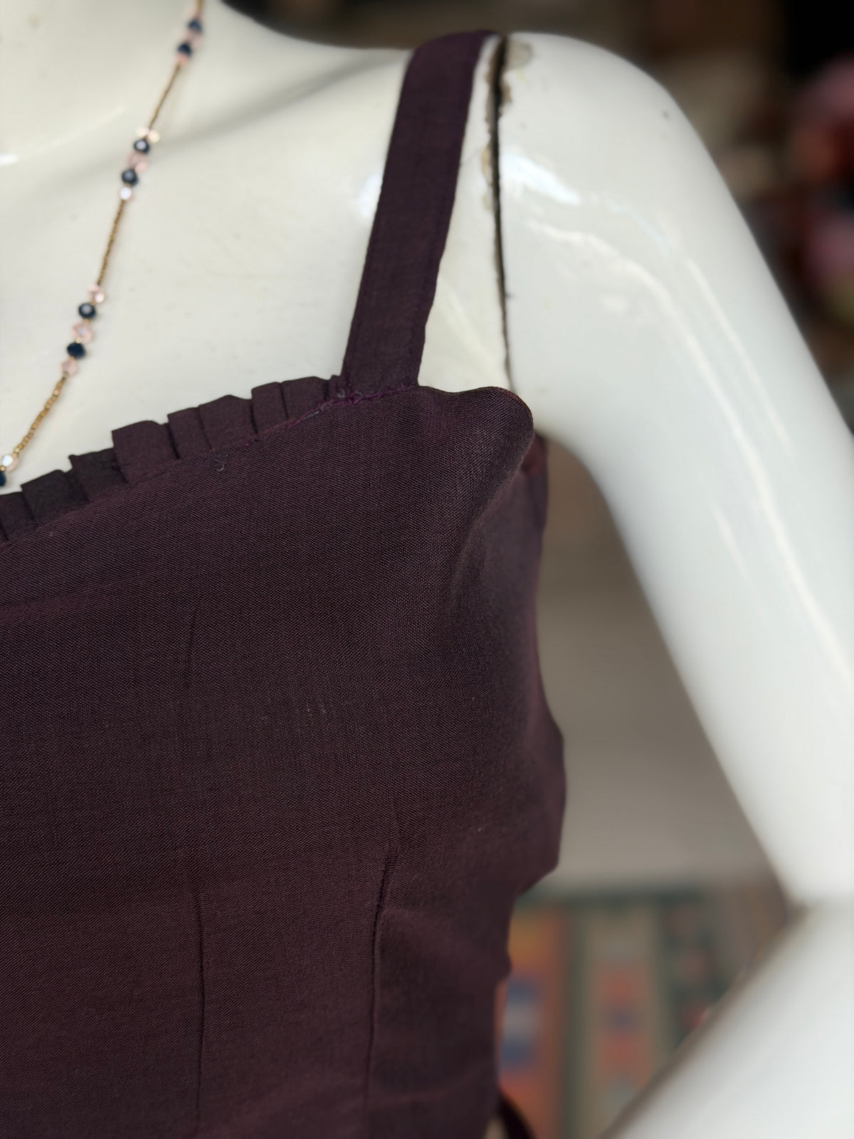Wine brown hand woven cotton strap sleeves back open blouse