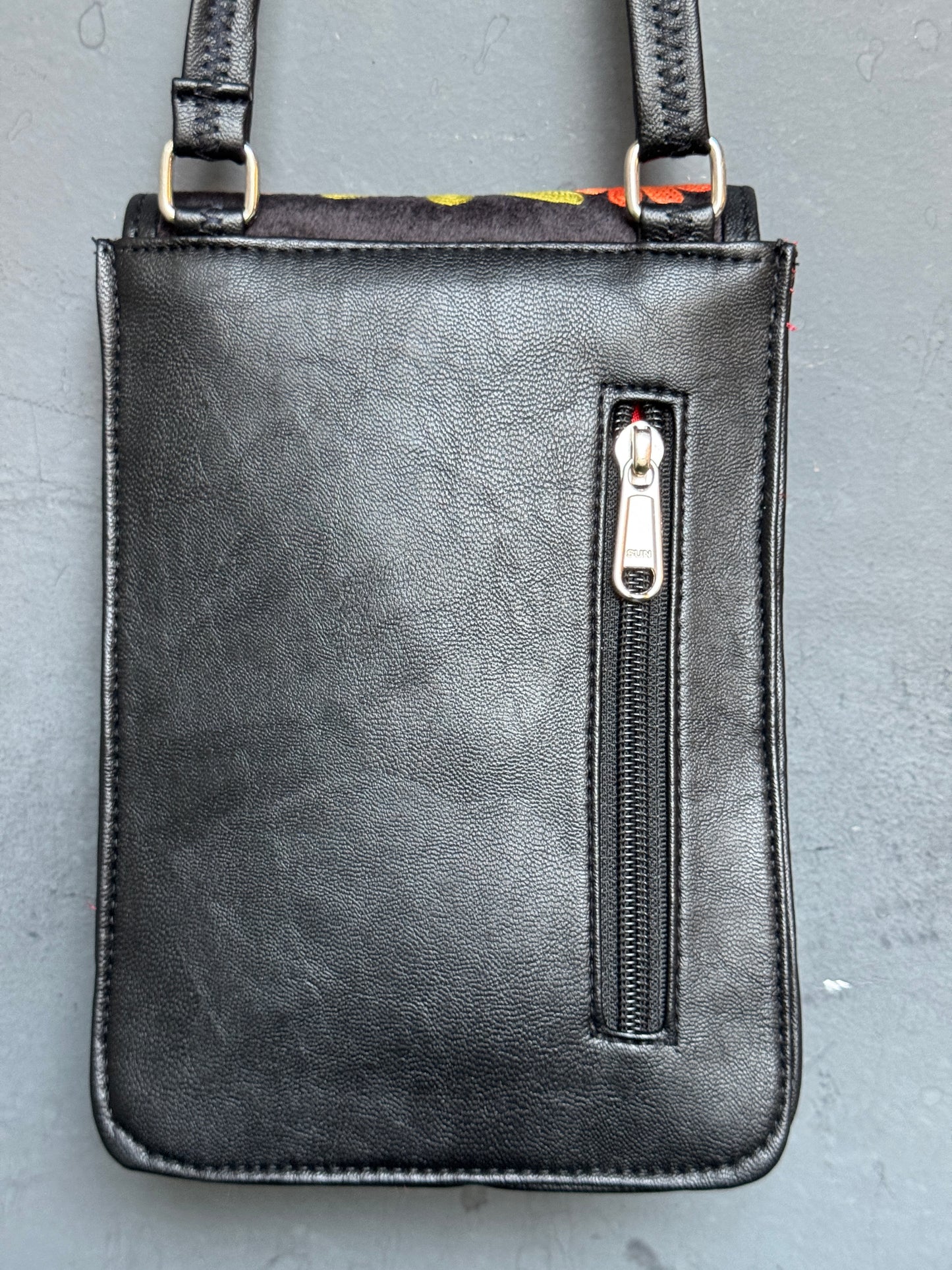 Mobile phone sling pouch - Kashmiri floral Aari embroidered with adjustable length strap and zippered back pocket - colors available