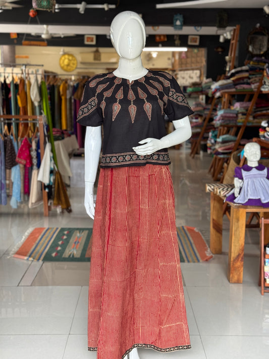 Maroon stripes Cotton ajrakh skirt with black border