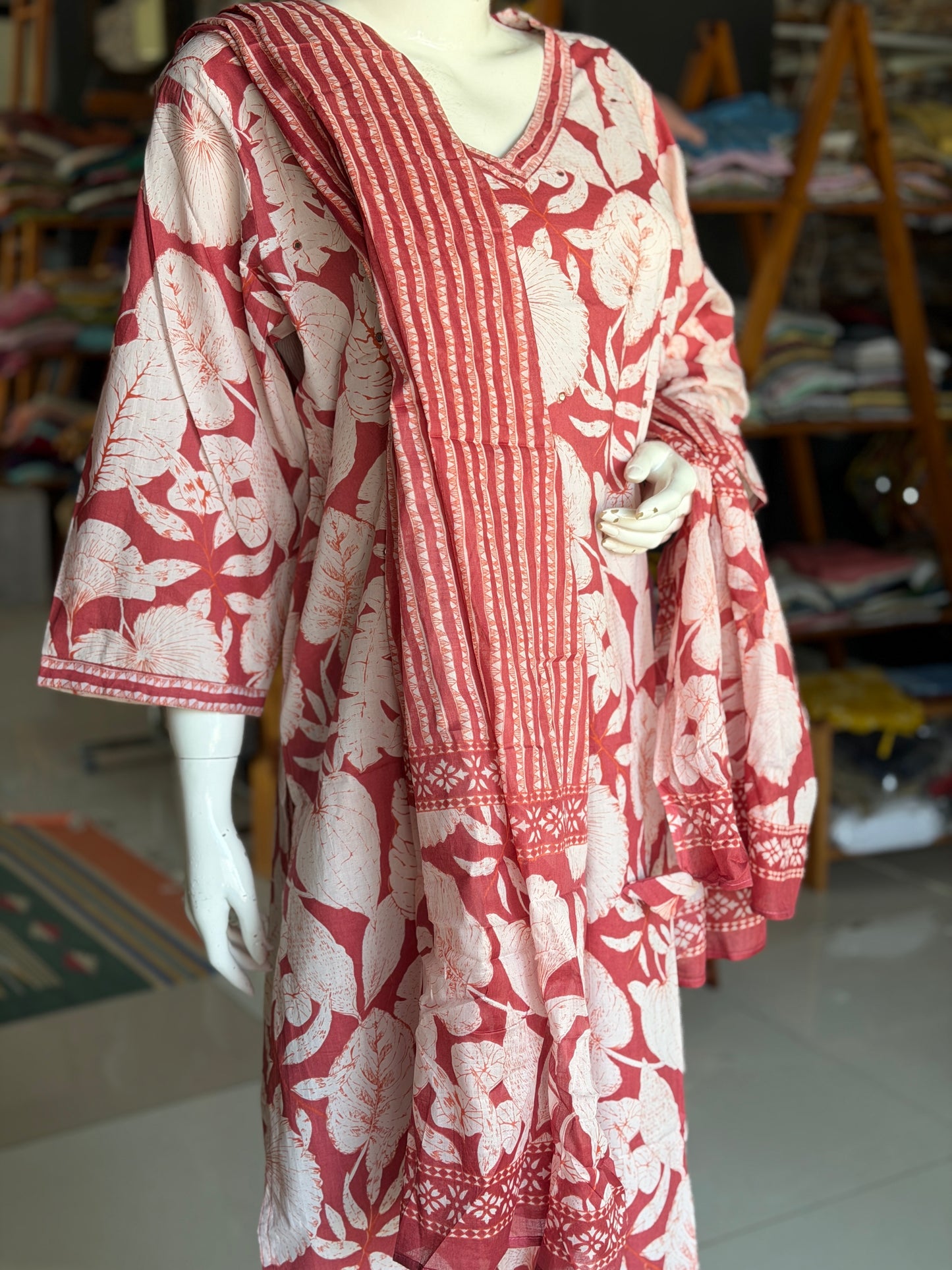 Onion pink floral plus size cotton embroidered straight kurti, pants and dupatta - 3 piece suit set - multiple sizes available