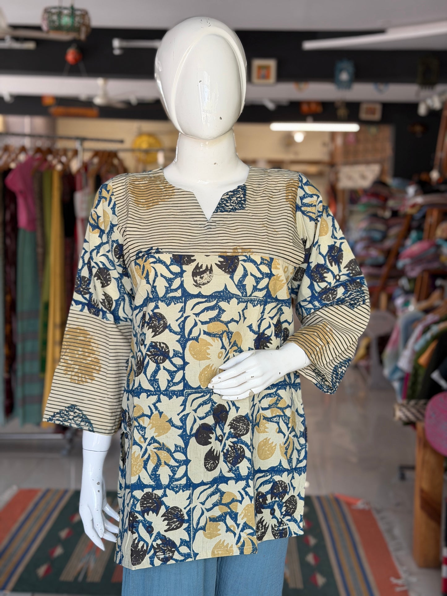 Off white and indigo stripes and flowers hand block printed cotton short top