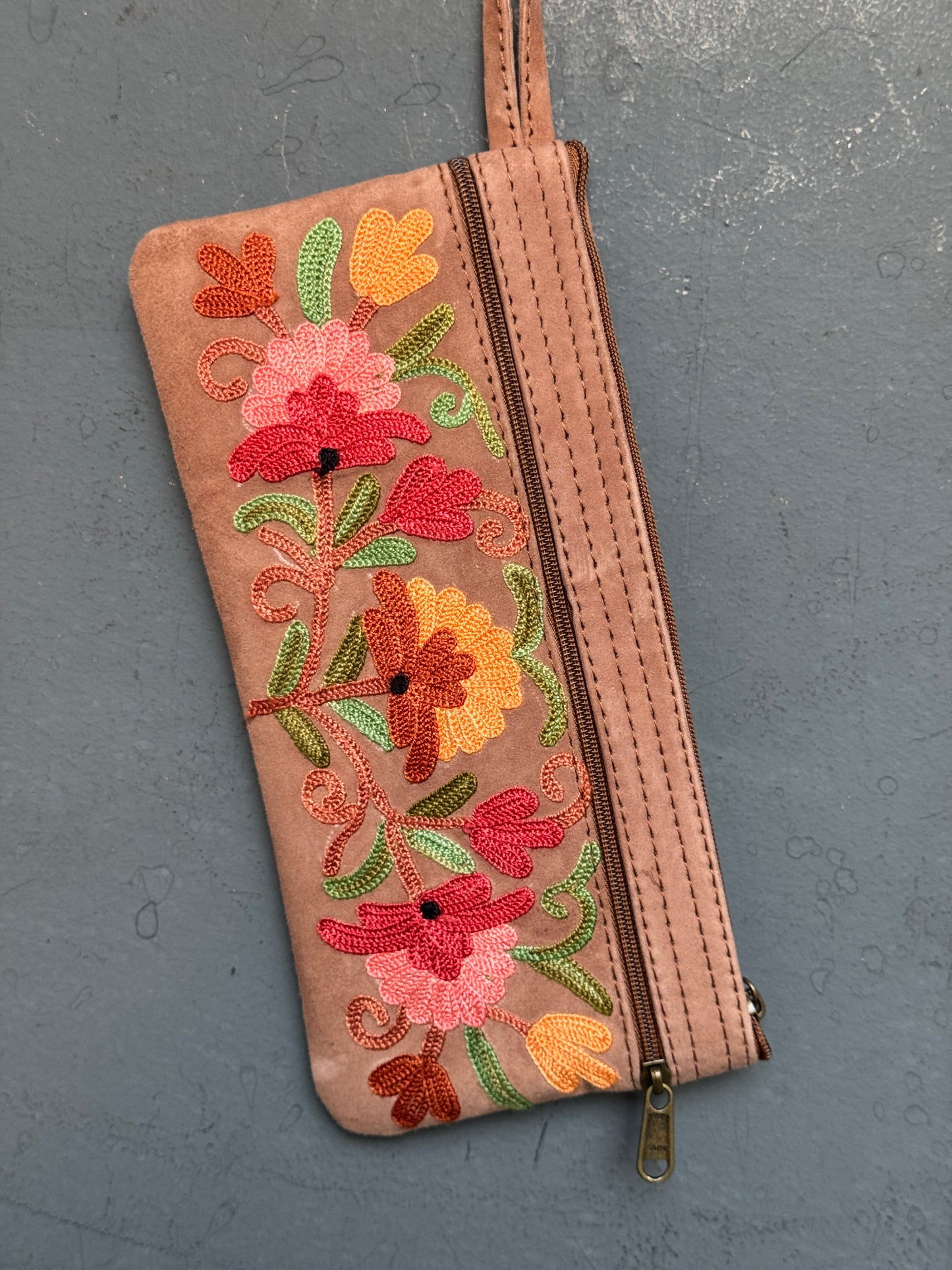 Wristlet purse pouch with Kashmiri floral Aari embroidery on both sides - 3 zippers