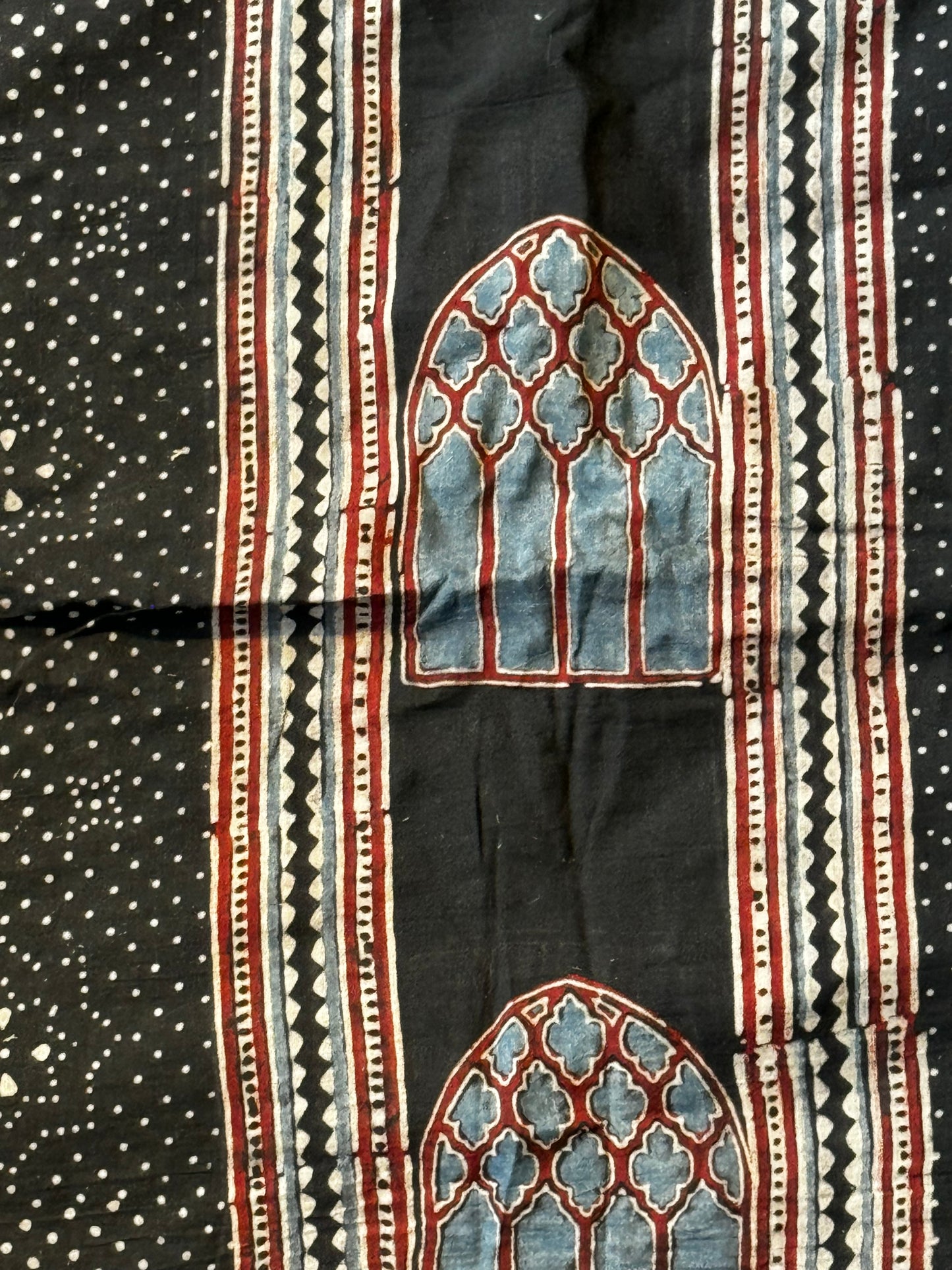 Black Ajrakh dots hand block printed soft mul cotton fabric with center panel style design