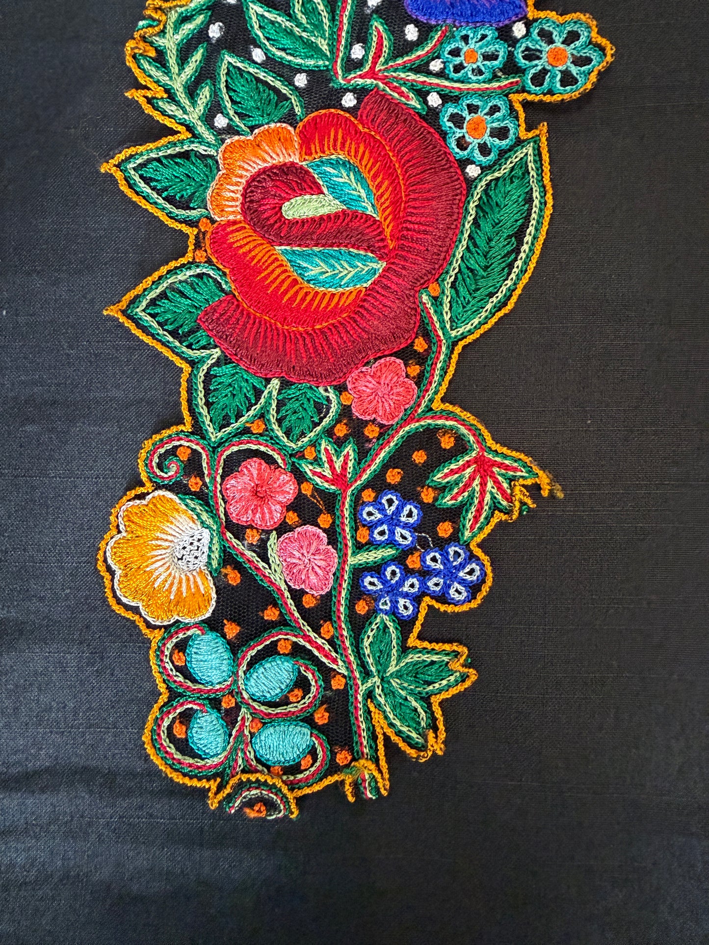 Colorful flowers and leaves embroidered patch border on black net base