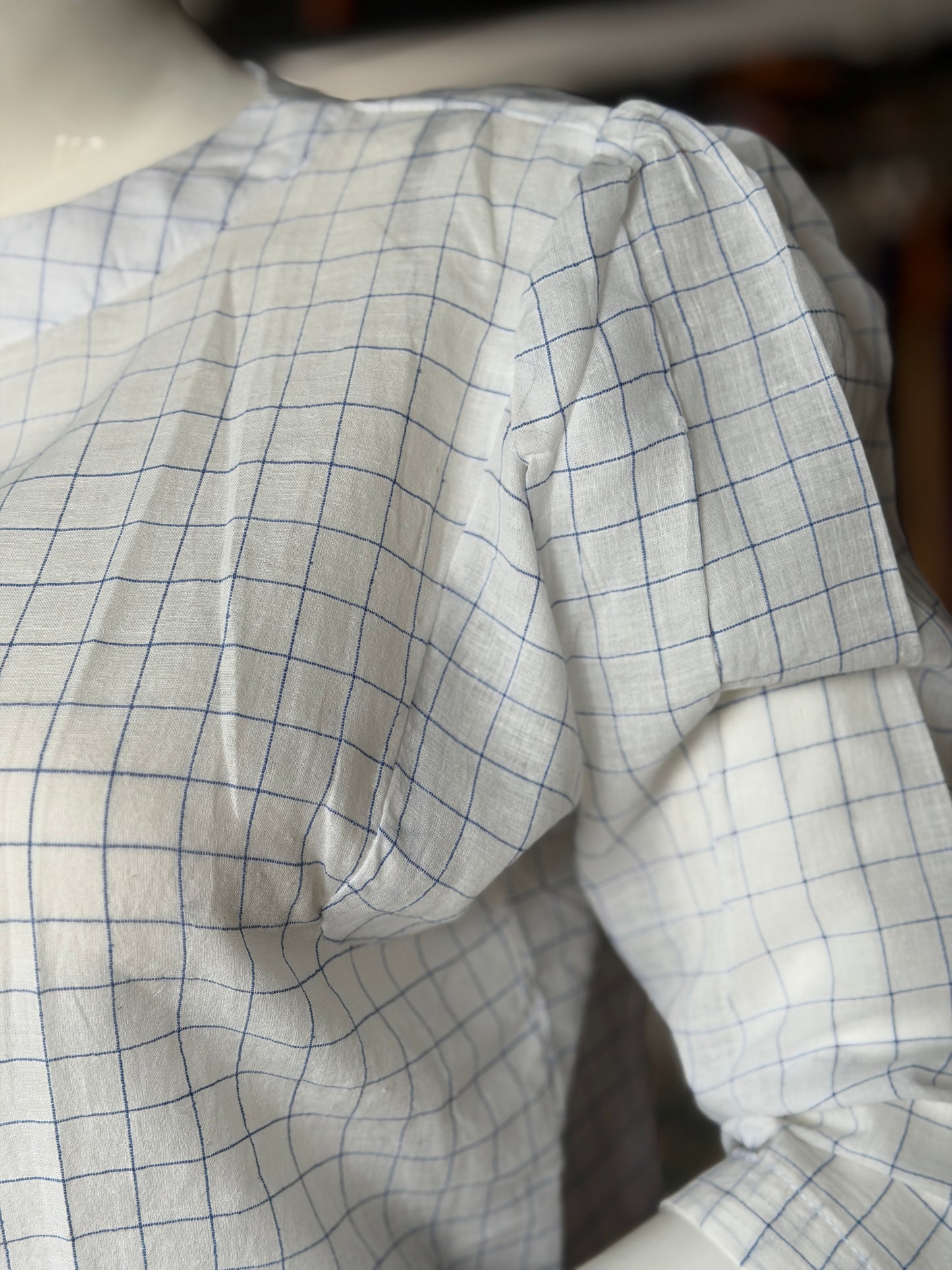 White and blue checks soft cotton handloom top with squarish arm hole