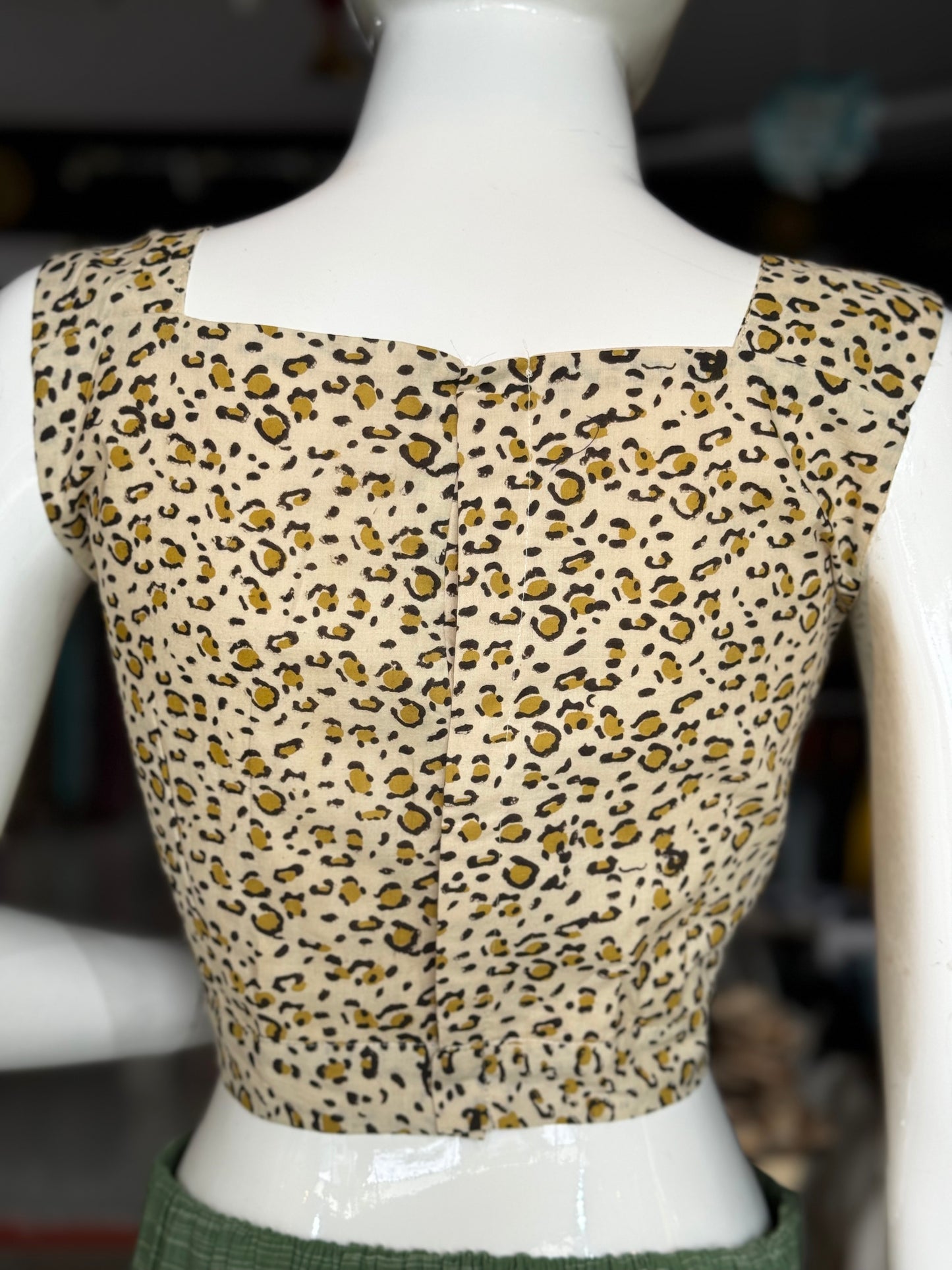 Beige leopard hand block printed cotton crop top / blouse