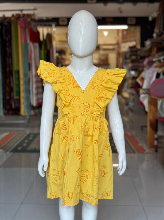 Yellow printed V-neck and flared sleeved frock for girls