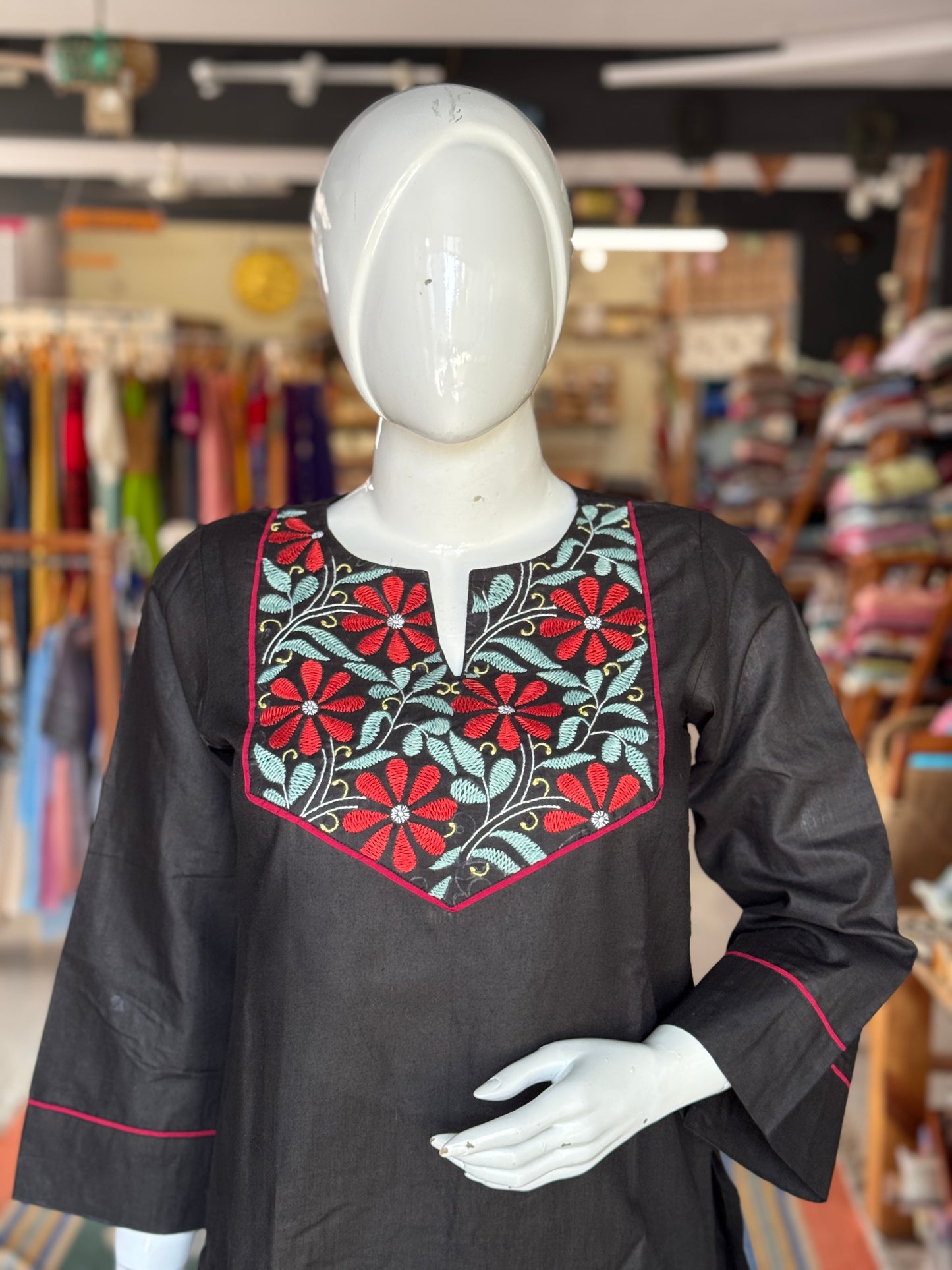 Black hand embroidered cotton kurta n pants - 2 piece coord set