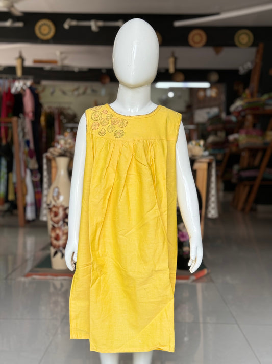 Yellow hand embroidered circles design cotton frock for girls