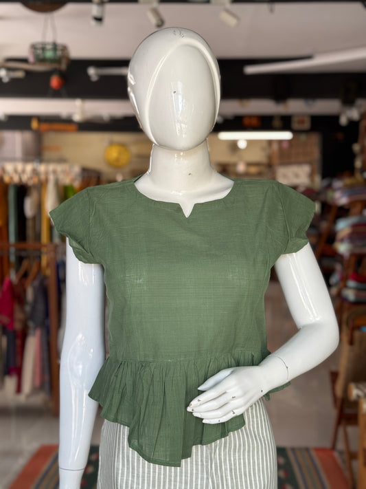 Green cotton handloom top with high low pleated hem