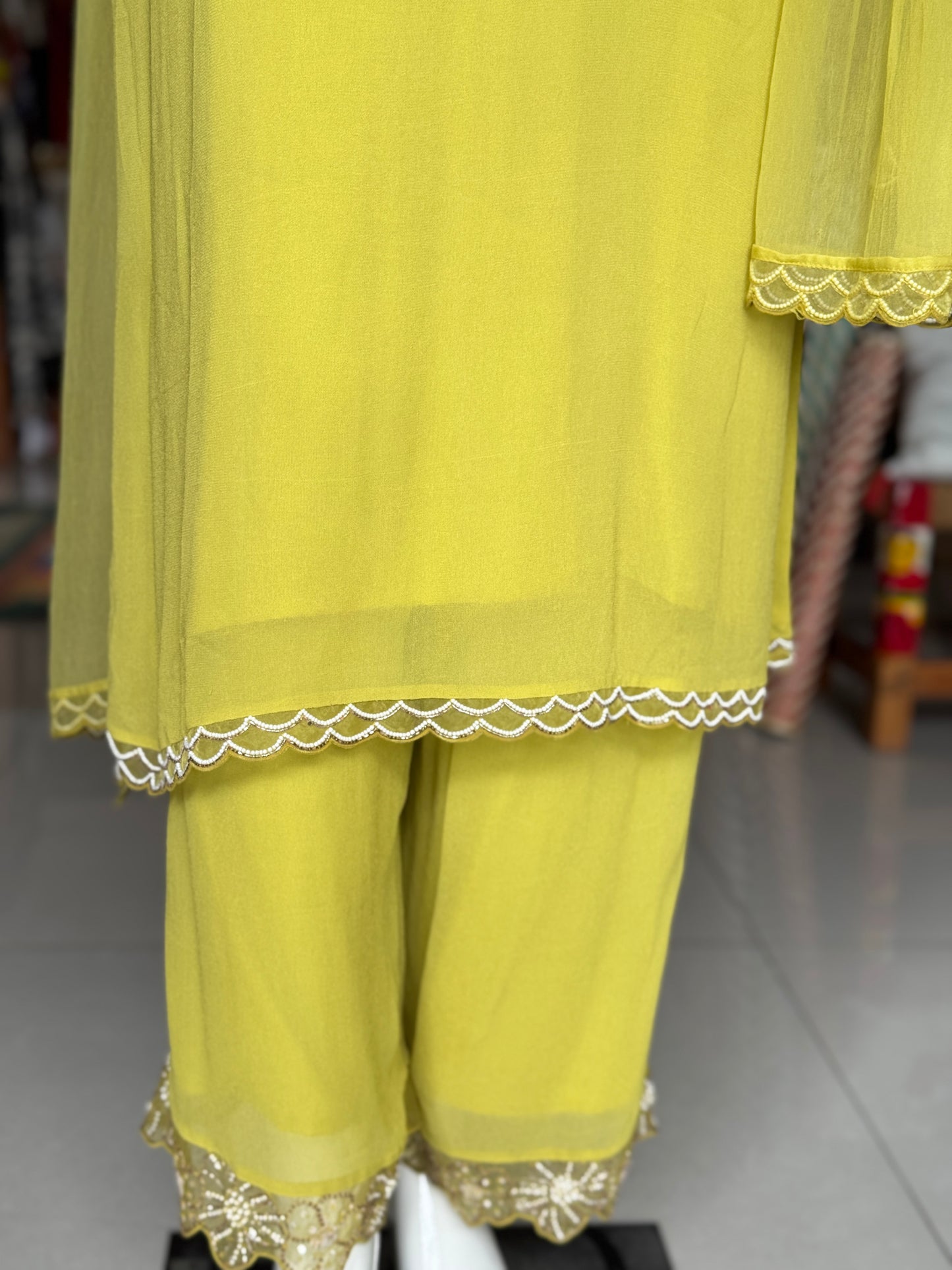 Soft georgette hand embroidered long sleeves kurti, georgette plazo and dupatta - 3 piece set - color options available