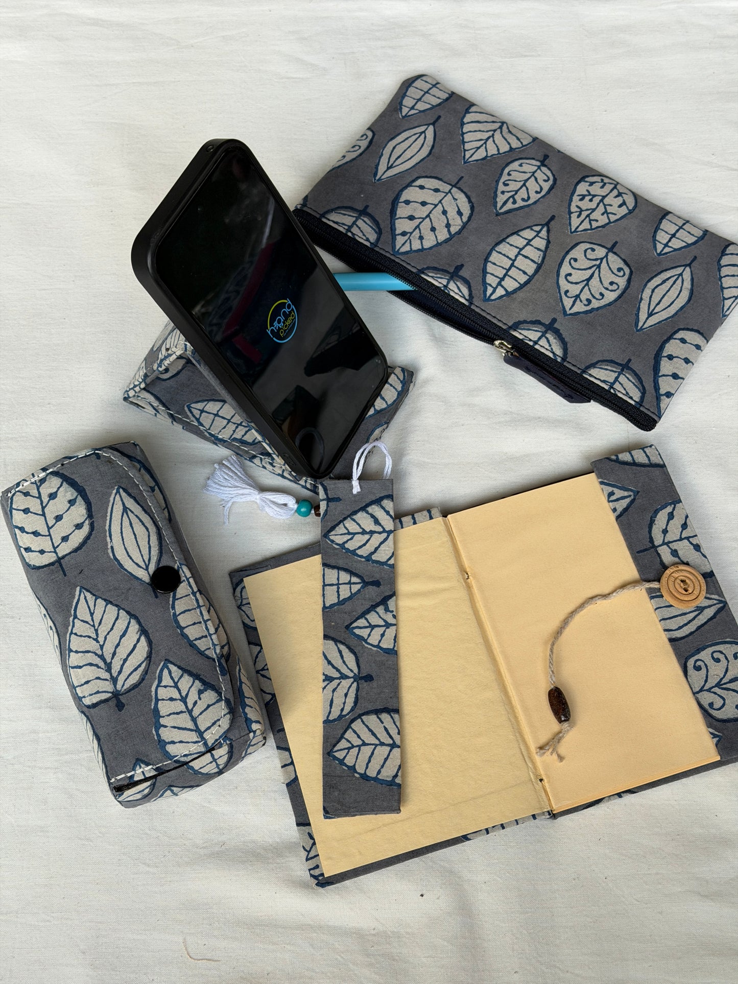 Gift set - small fabric covered notebook, bookmark, mobile phone holder, utility zippered pouch, spects / goggles case - handcrafted 5 piece gift set