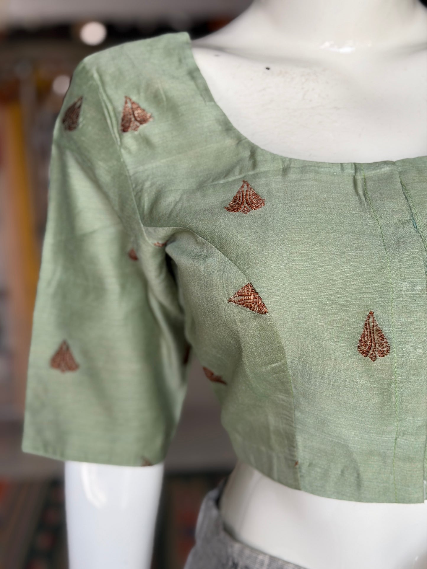 Sage green handwoven pure silk elbow sleeved blouse - both front and back open options available