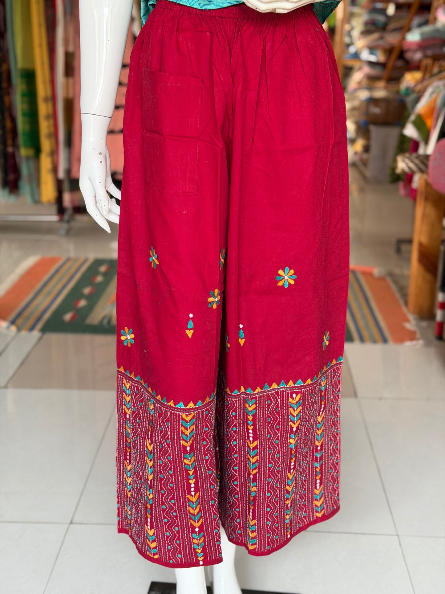 Kantha hand embroidered cotton poplin free size plazo with front pocket