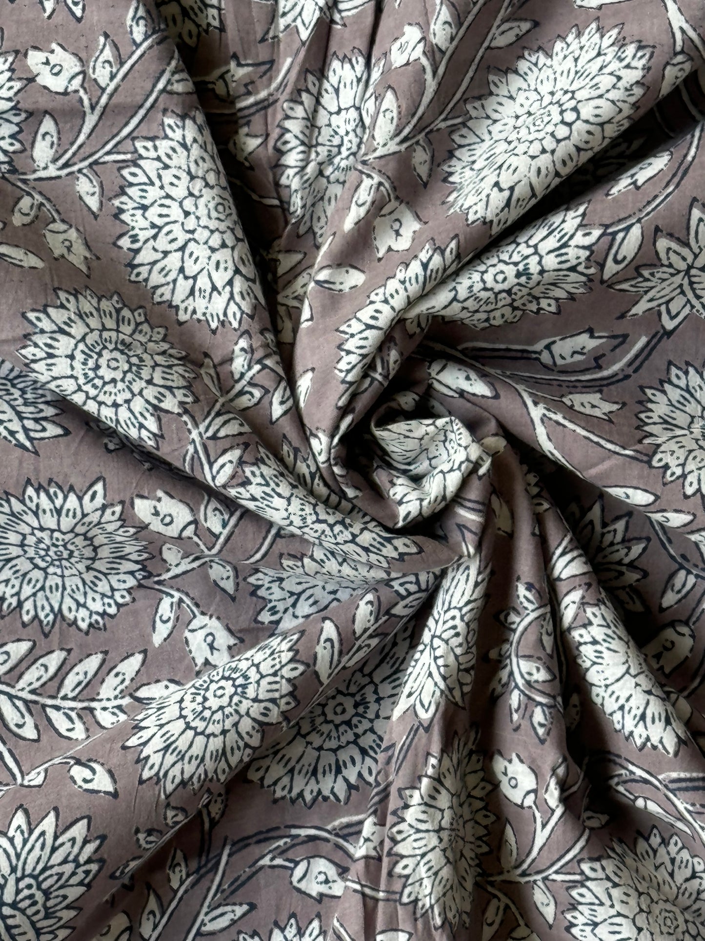 Brownish grey floral hand block printed soft cotton fabric