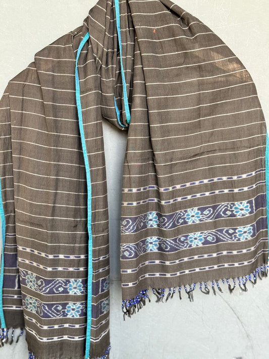 Black stripes cotton handloom ikat stole with teal blue borders