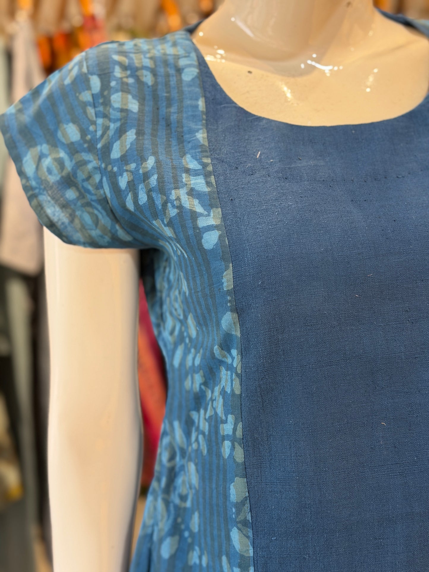 Kala cotton plain blue Handloom center panel top with blue floral hand block printed sides