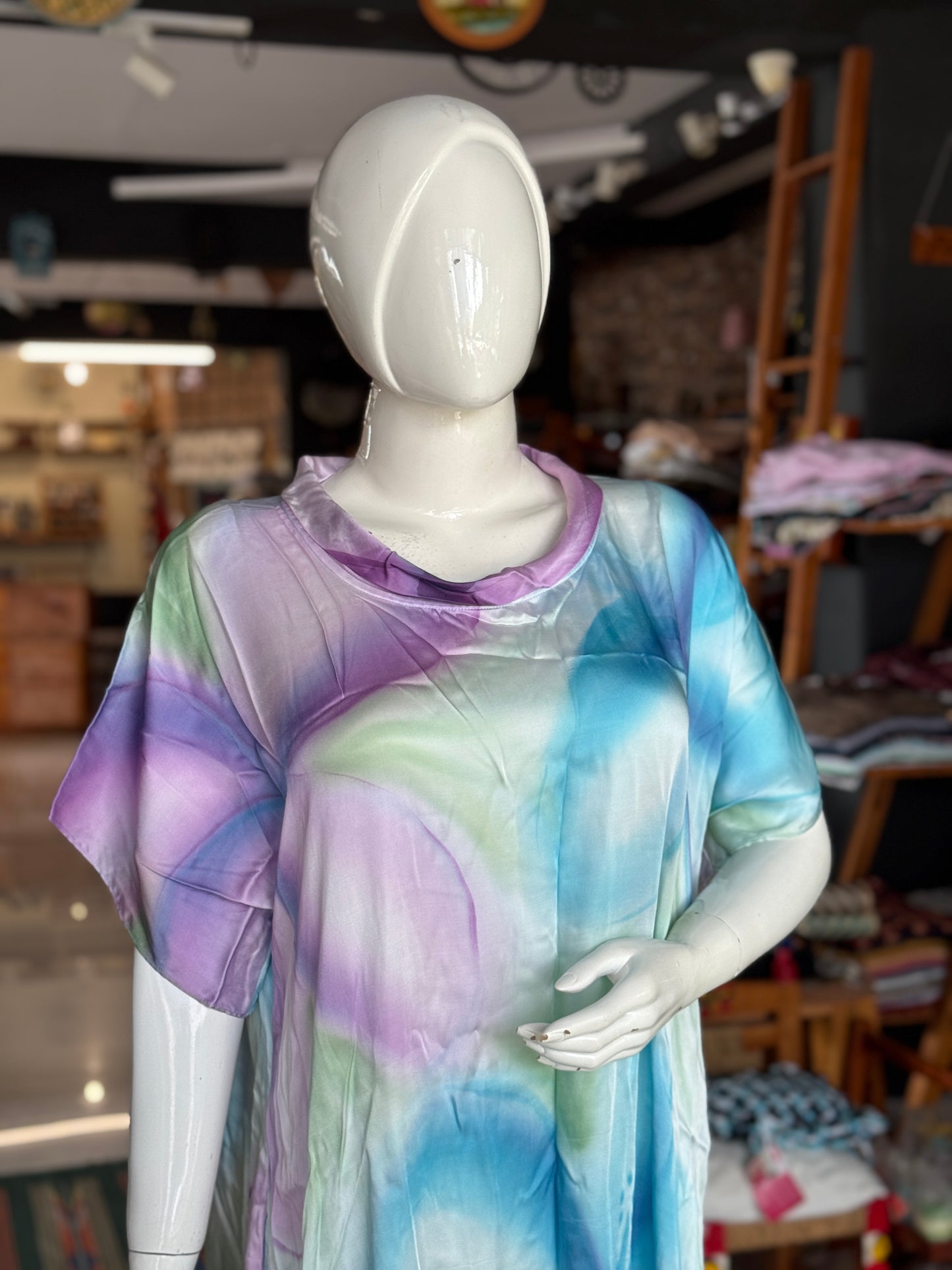 Blue, green and pink modal satin collared handpainted kaftan style free size dress