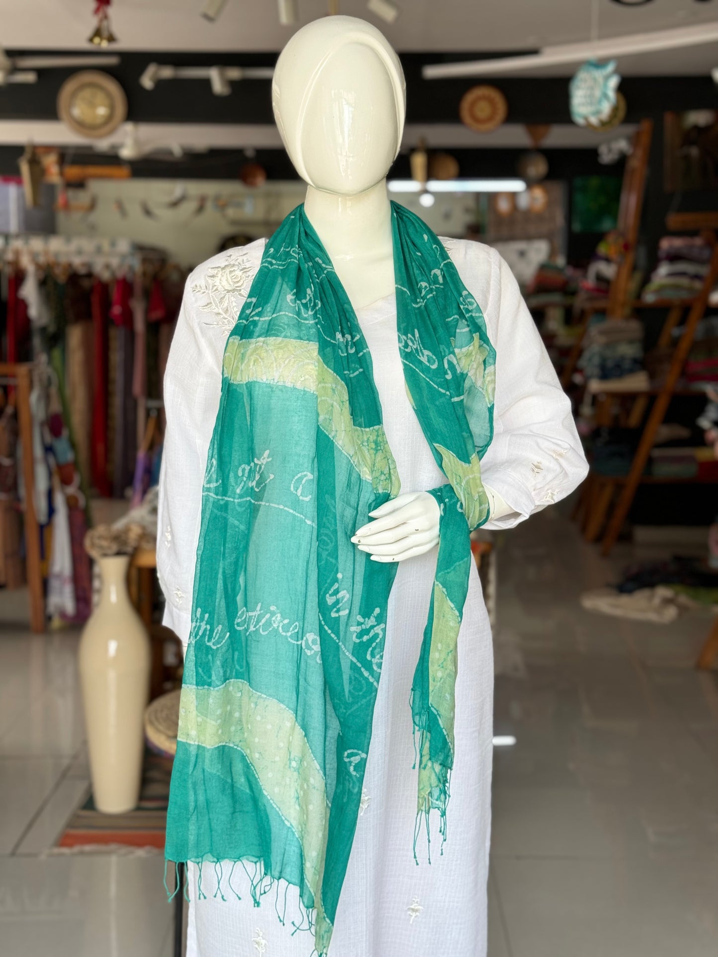 Emerald green “Ocean in a drop” quote  hand batik soft cotton handloom stole