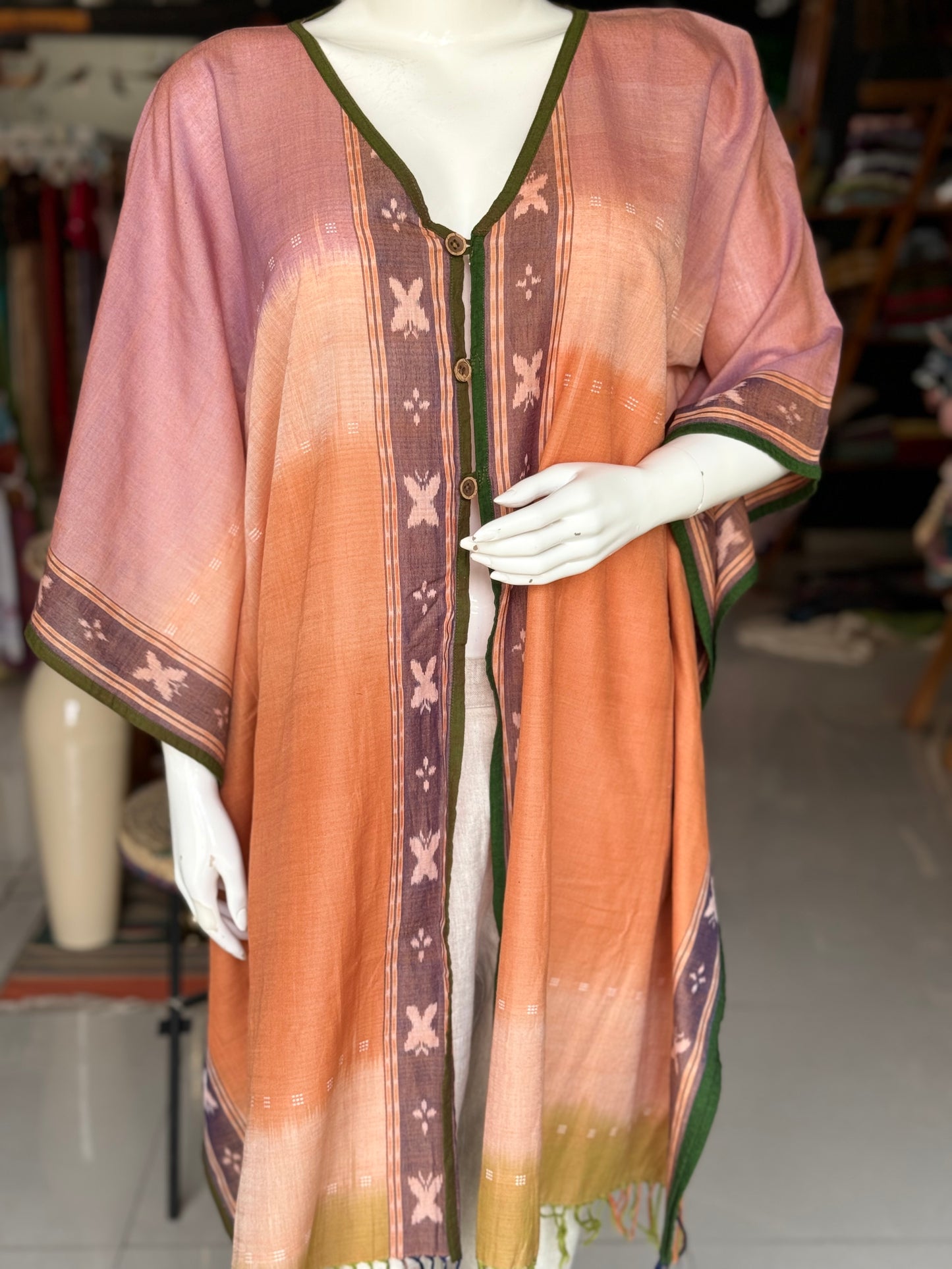 Orange mauve cotton handloom soft ikat long kaftan top with butterflies border