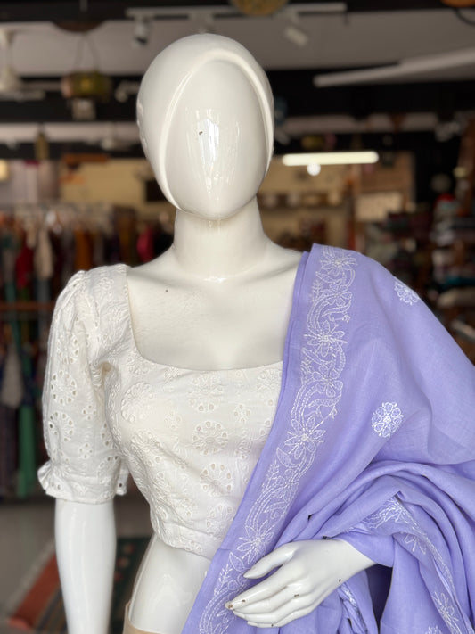 White hakoba cotton blouse with wide neck and puff sleeves