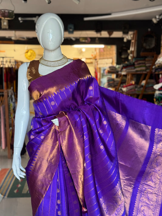 Violet stripes n butis pure silk handwoven Gadwal saree with kuttu temple border, rich palla