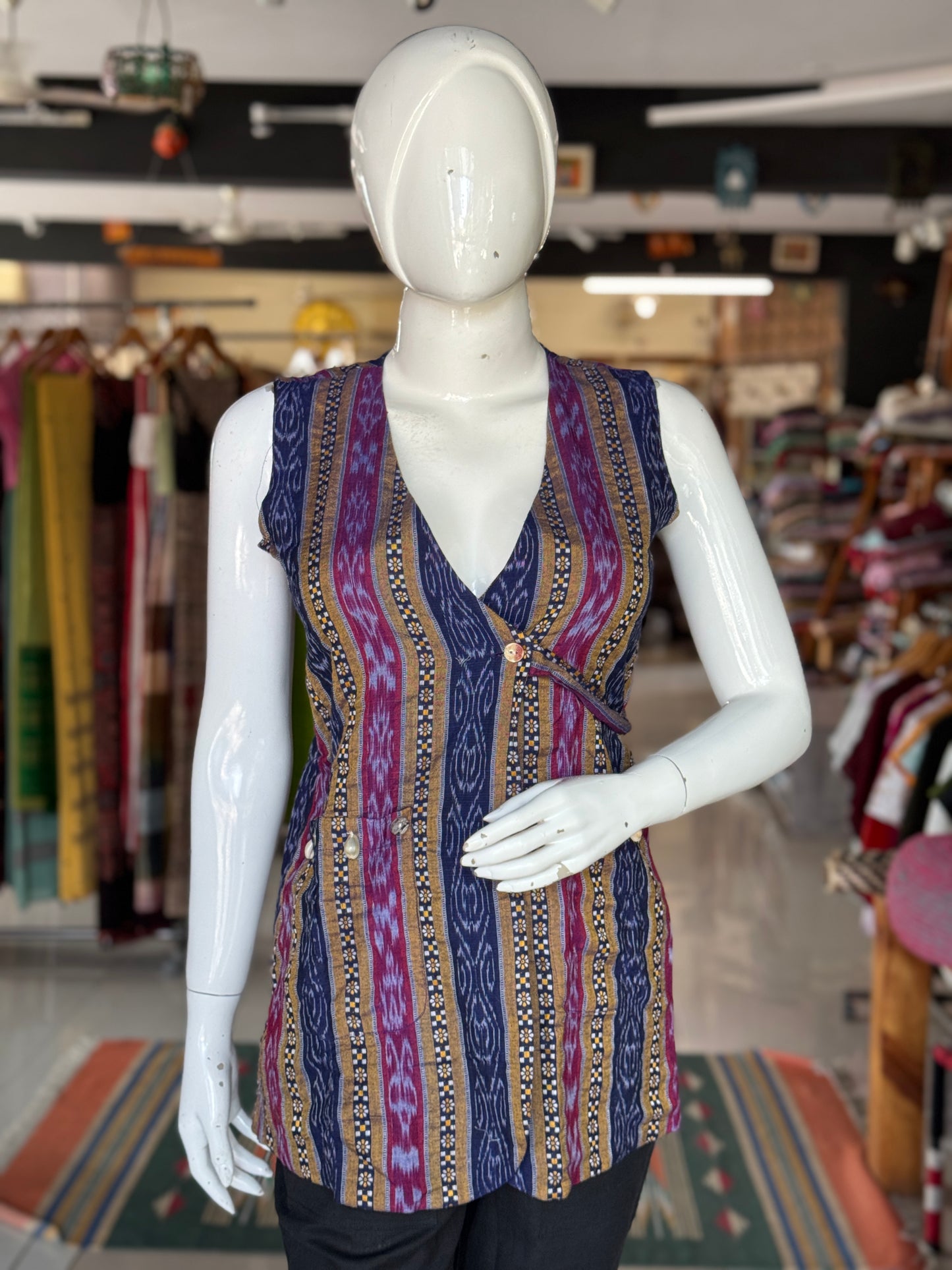Purple n blue cotton hand woven Ikat wrap top