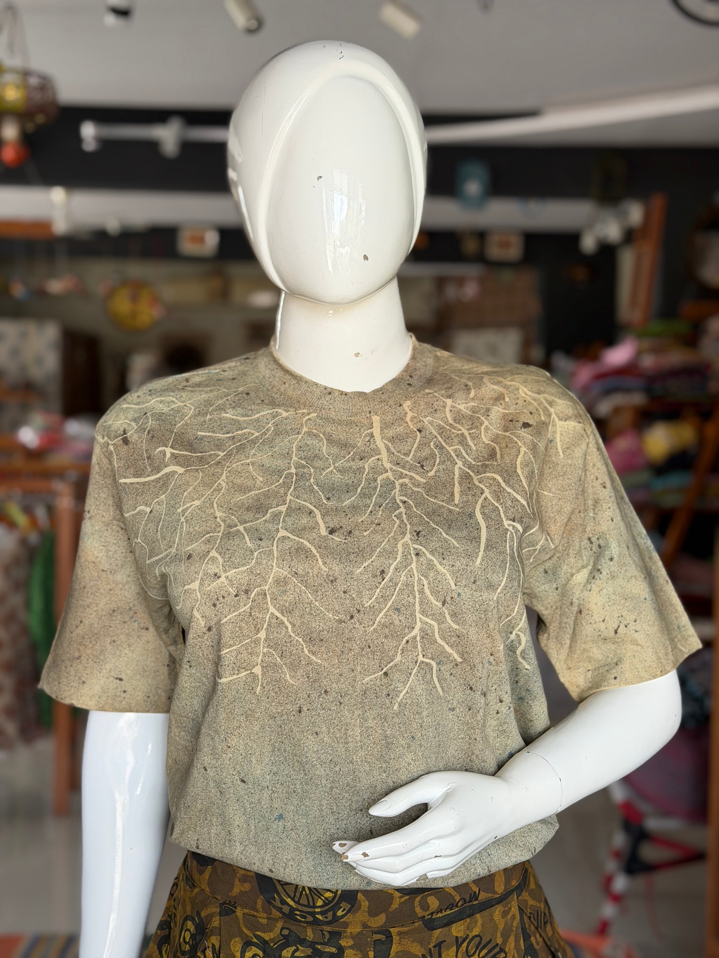 Dull green Ajrakh hand block printed, natural dyed, unisex cotton t-shirt