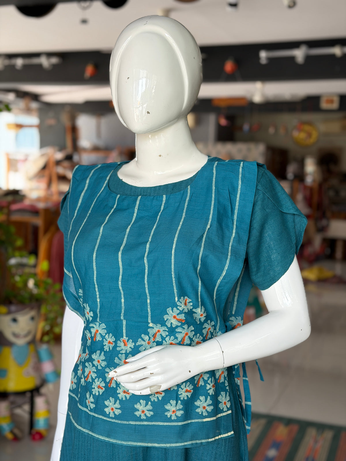 Parijat flower hand block printed cotton free size side ties poncho style layering top