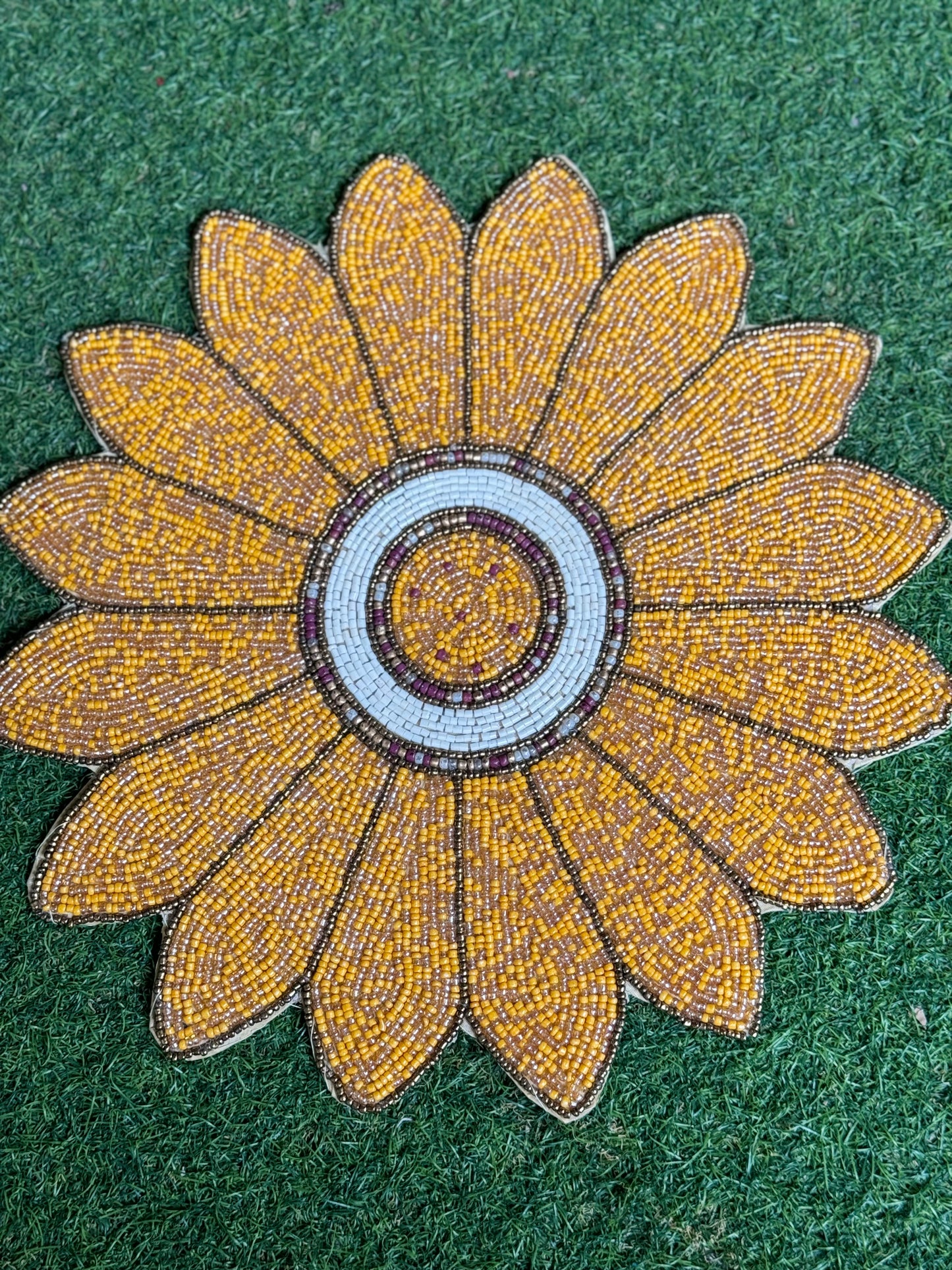 Yellow sunflower design beads handcrafted round placemat (single)