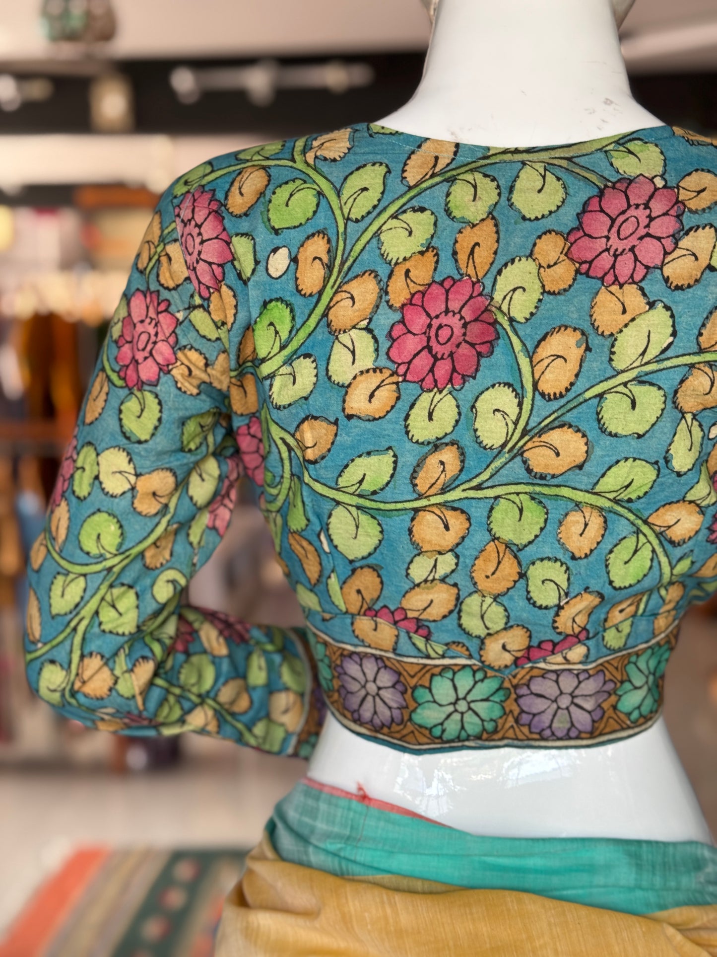 Blue Pen kalamkari hand painted cotton blouse with long sleeves