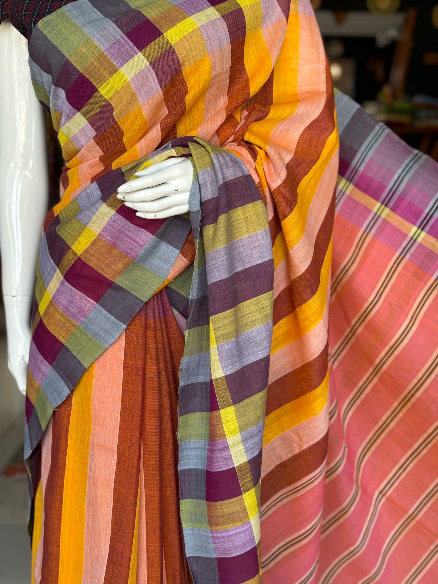 Bright orange and brown stripes hand woven soft cotton saree