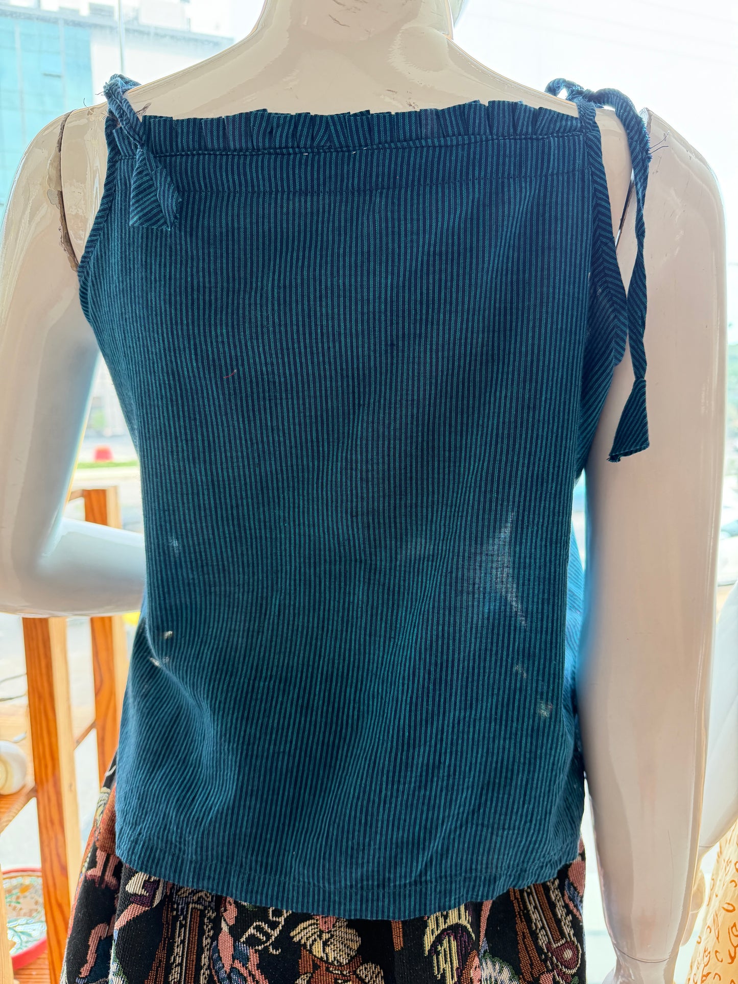 Turquoise n blue stripes cotton noodle straps top