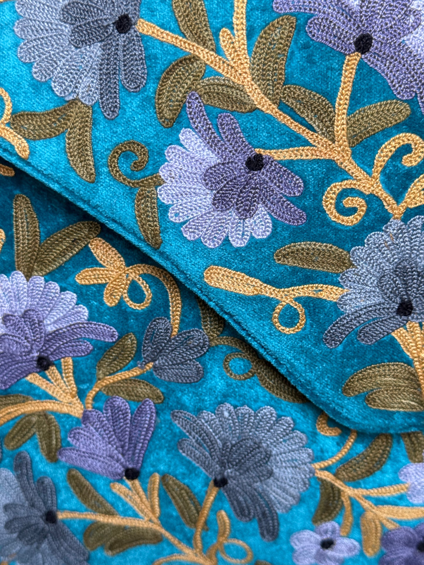 Blue Kashmiri floral Aari embroidered sling bag with adjustable length strap