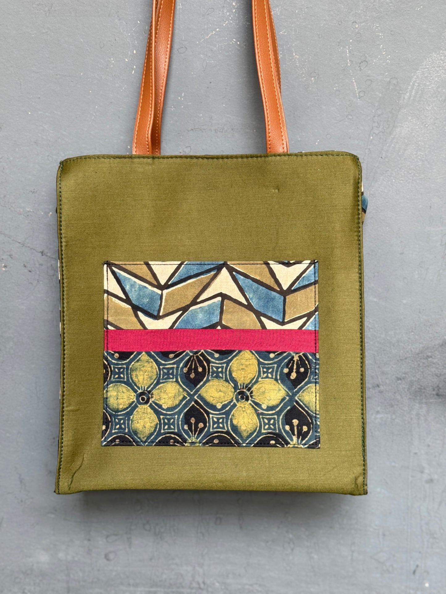 Wide base hand block printed, fabric tote bag with front patch pocket