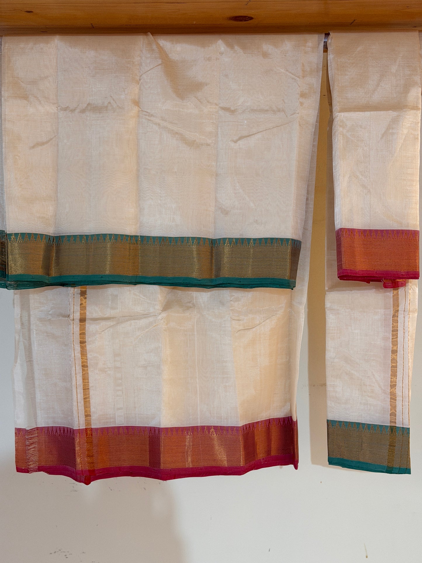 Cream dhoti set with red and green zari borders for men - Mangalagiri Handloom silk cotton pancha kanduva set