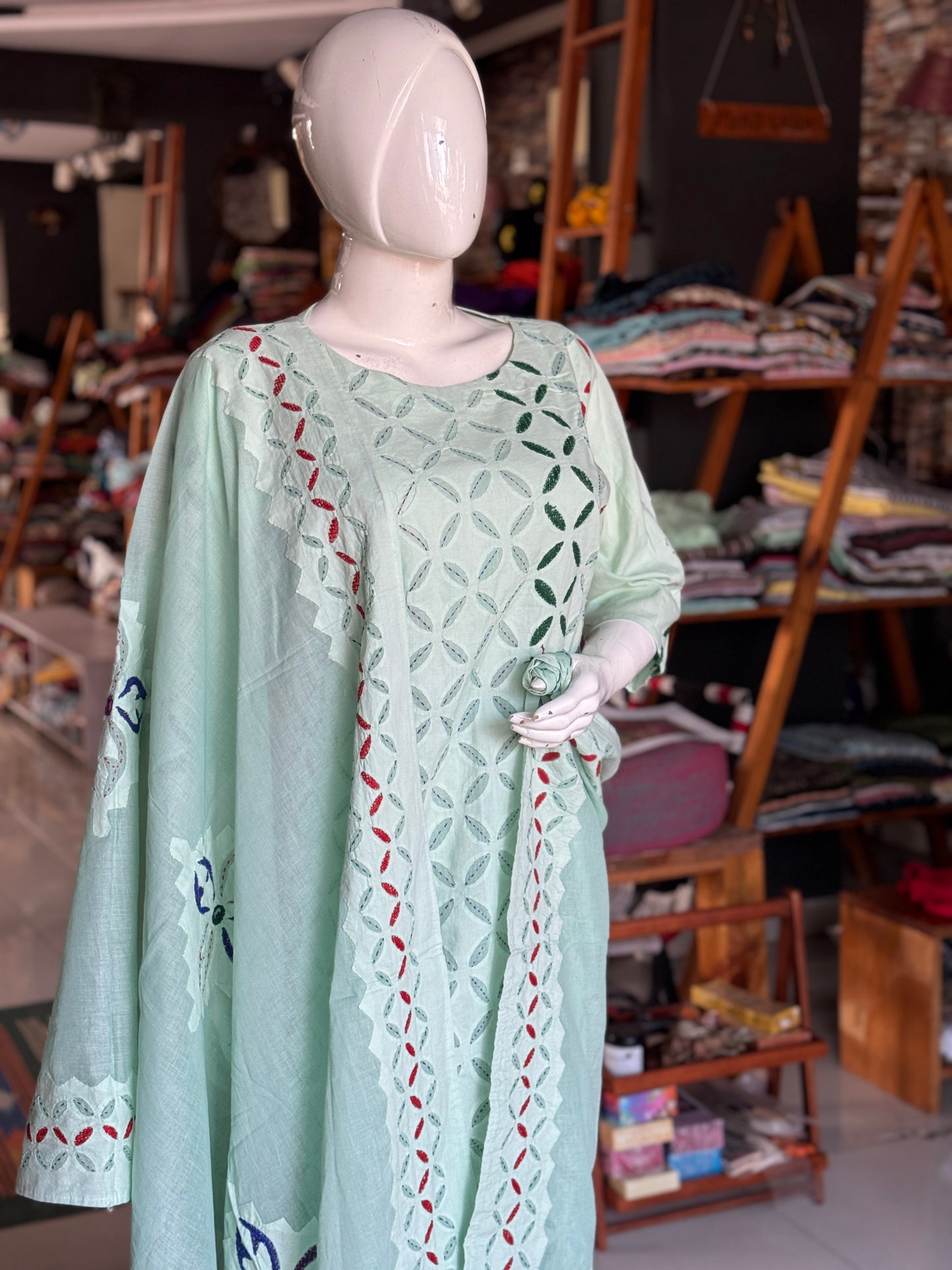 Pista green hand embroidered applique cotton kurta, dupatta n pants set - 3 piece suit set