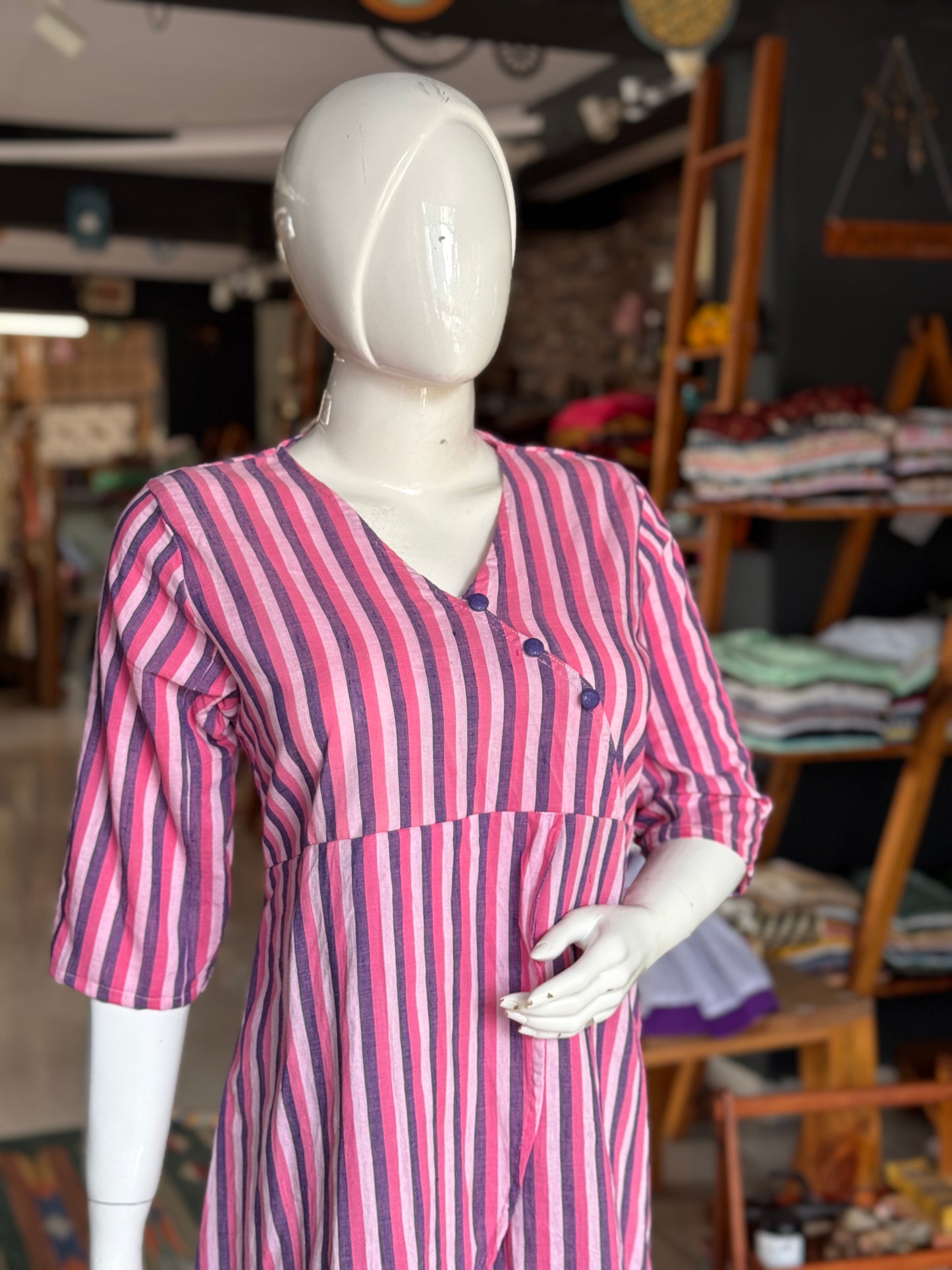 Pink and violet stripes, hand woven, cotton dress with layered look
