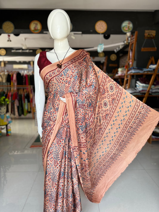 Ajrakh hand block printed light peachish pink modal saree