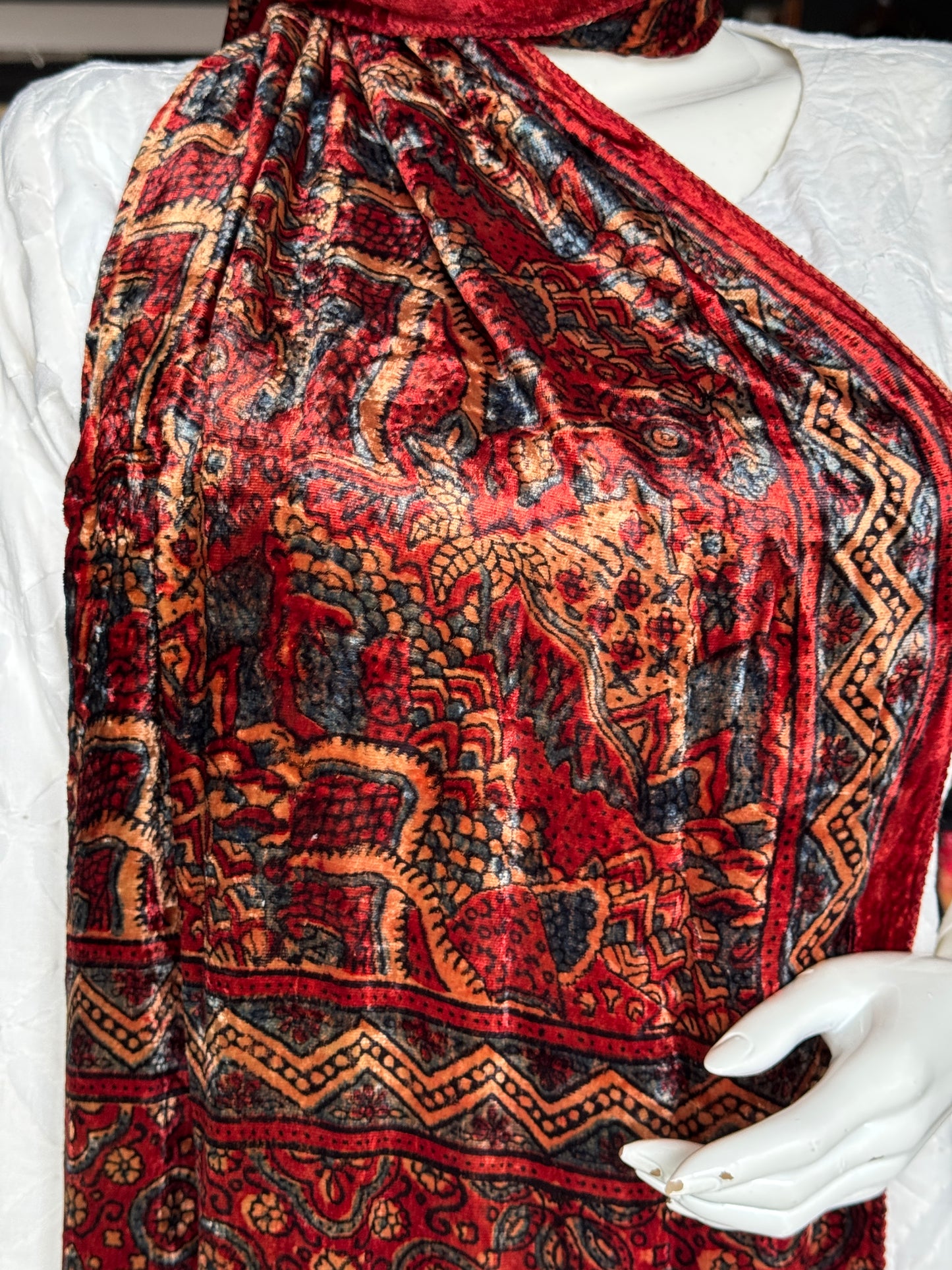 Luxurious Ajrakh hand block printed velvet stole