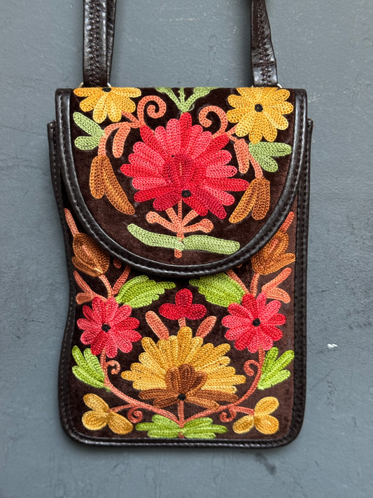 Mobile phone sling pouch - Kashmiri floral Aari embroidered with adjustable length strap and zippered back pocket - colors available