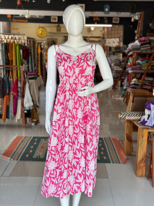 Pink floral printed strappy cotton dress