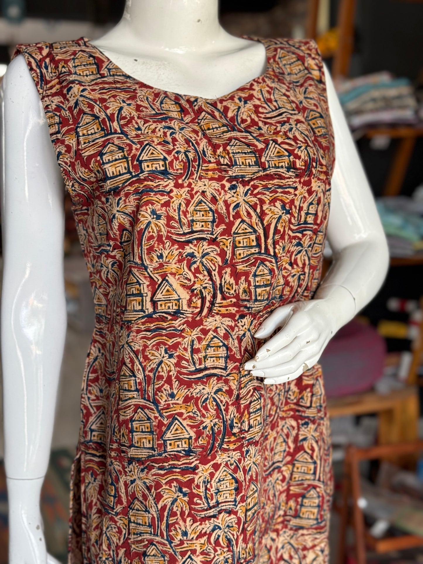 Maroon Kalamkari cotton coord set - houses n trees handblock printed cotton
