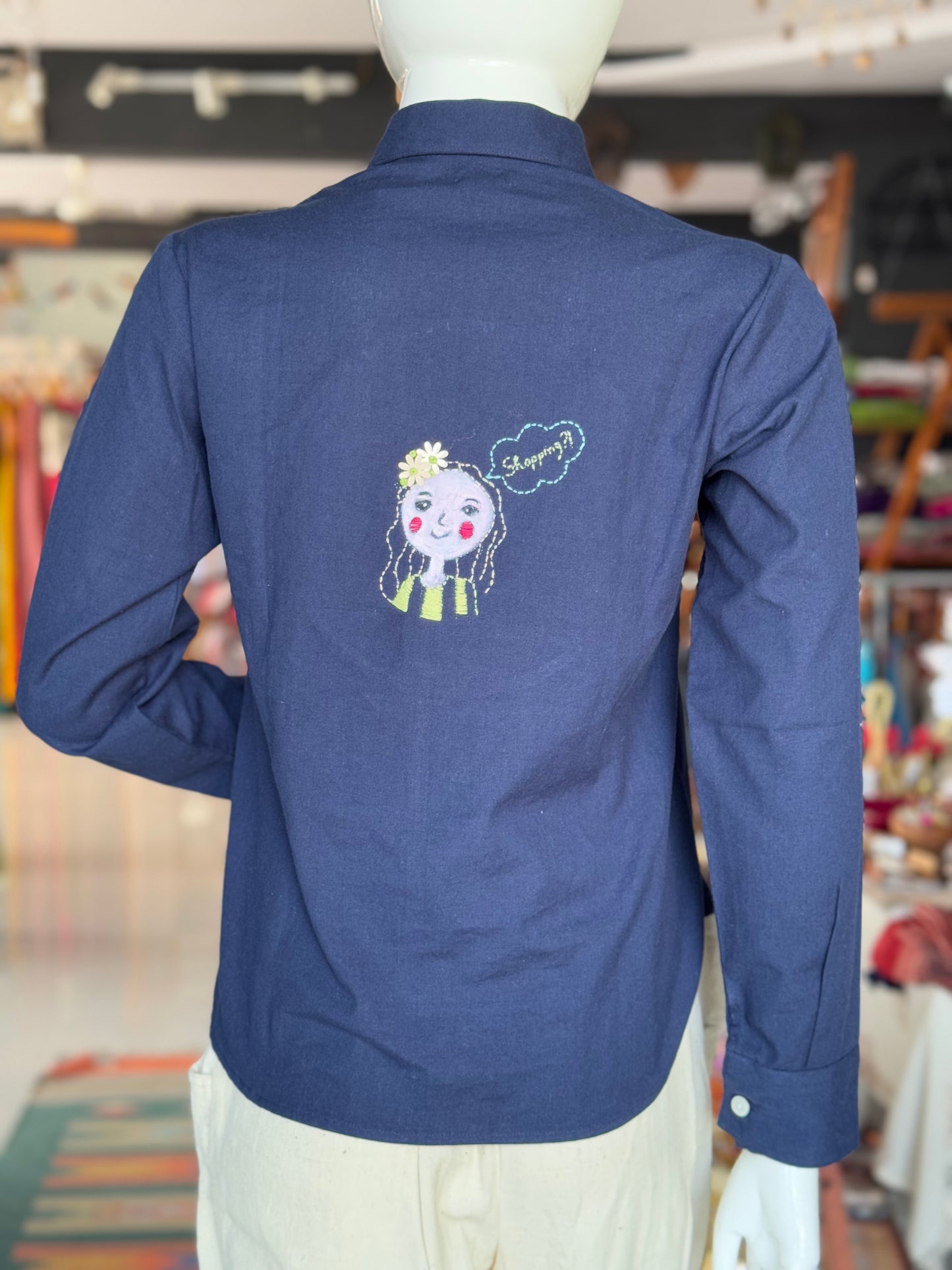 Shopping on your mind - embroidered, painted navy blue flex cotton full sleeves shirt for women