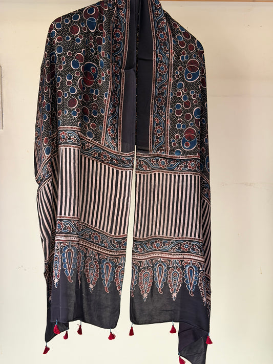 Black circles print Ajrakh hand block printed soft modal stole