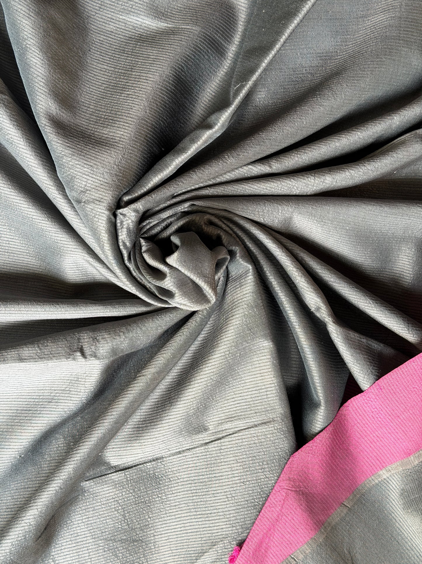 Greyish silver handwoven silk x hand spun cotton fabric with pink border