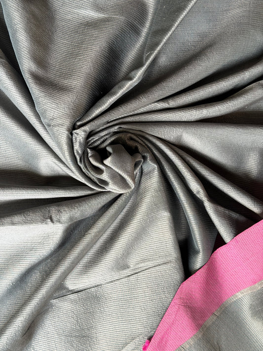 Greyish silver handwoven silk x hand spun cotton fabric with pink border