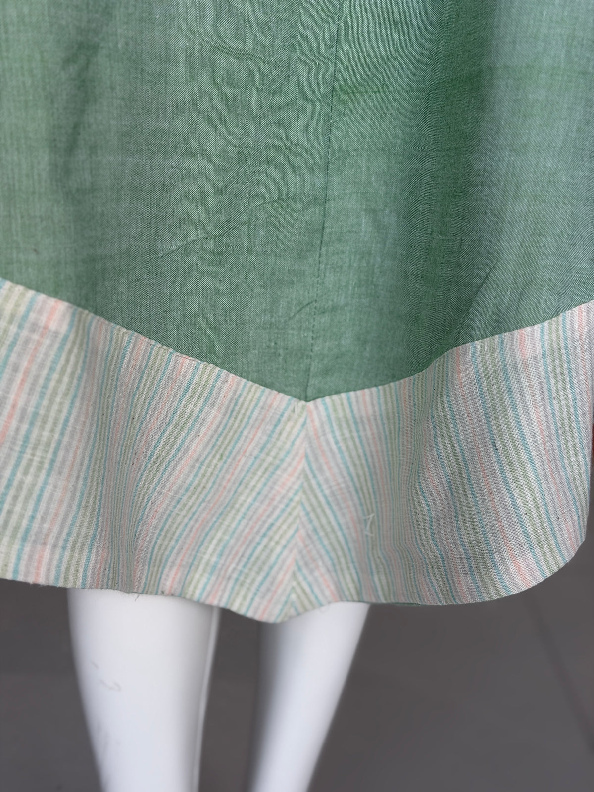 Sage green handloom cotton dress with hand spun, hand woven cotton stripes trims
